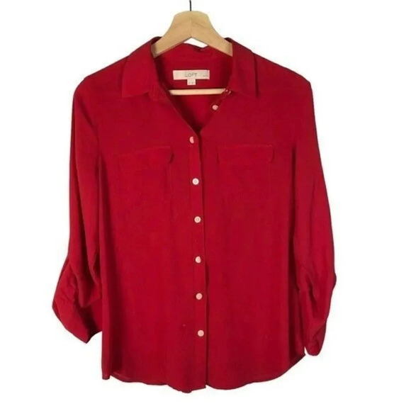 Ann Taylor LOFT Petites Red Long Sleeve Button Down SP - Picture 1 of 4